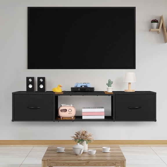 Floating TV Stand Wall Mounted with Storage, Entertainment Center Media Console with Drawers for Under TV, Black
