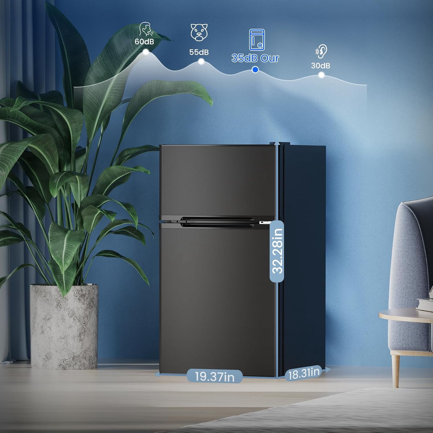 3.1 Cu.Ft Double-Door Compact Mini Fridge with Freezer & Adjustable Glass Shelves - Black for Dorm, Bedroom, Apartment