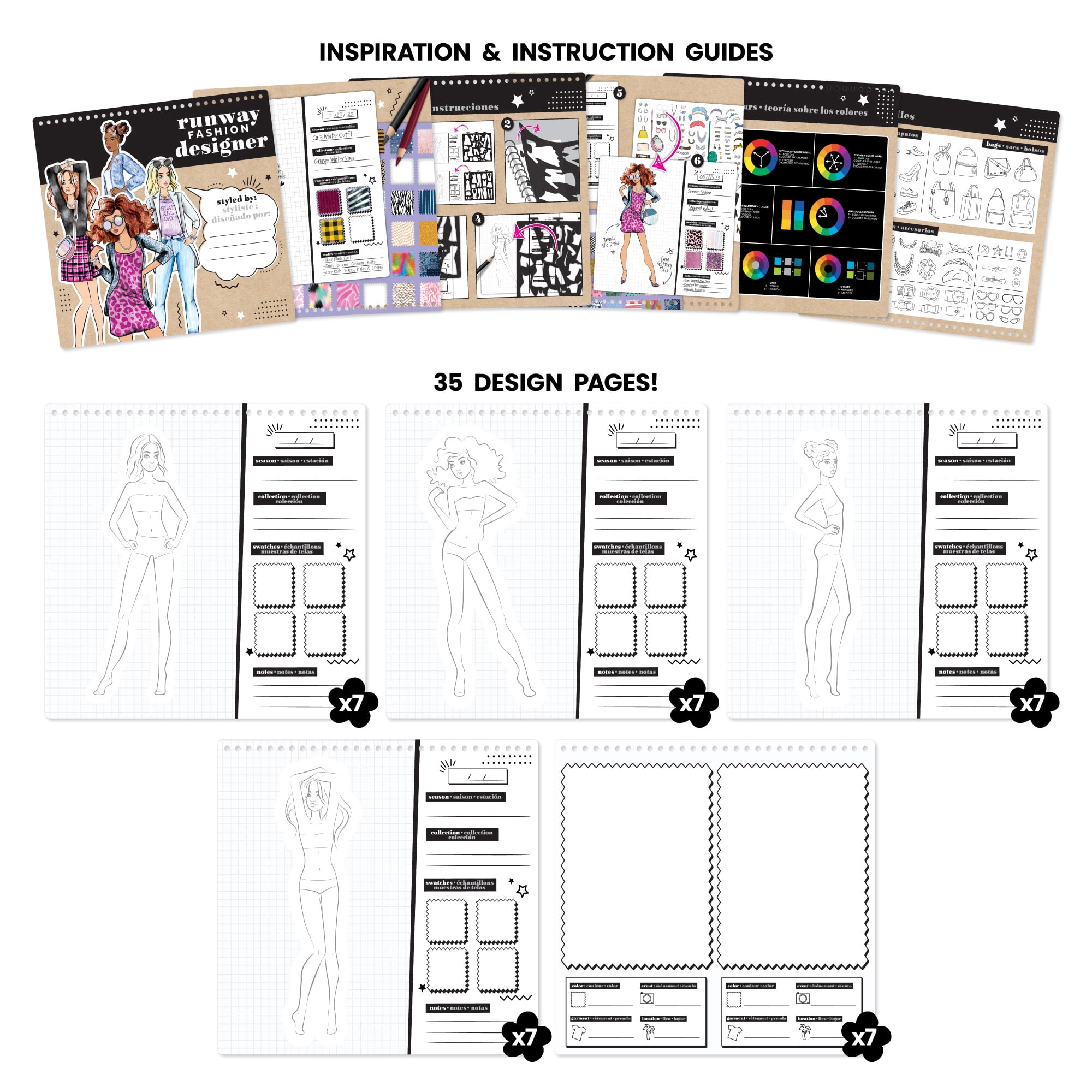 Fashion Angels: Runway Fashion Designer Sketch Set - 35 Sheet Portfolio Pad, Stencils & Stickers, Create Clothing Styles, Drawing & Activity, Kids 6+