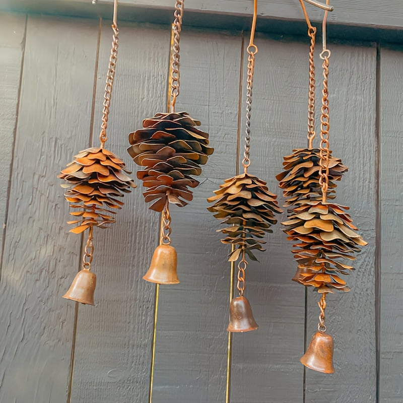 2 Pcs Pine Cone Wind Chimes Outdoor Hanging Decor, Rustic Metal Pinecone Chime with Bells for Garden Patio Porch Decoration, Decorative Wind Chime Ornament for Spring Home Yard Balcony Gift