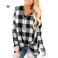 thumbnail image 2 of Qarigey Camiseta de mujer Camiseta suelta de manga larga Blusa larga Top de cuello en V de otoño Prendas para la parte del cuerpo Tela escocesa blanca negra METRO, 2 of 6