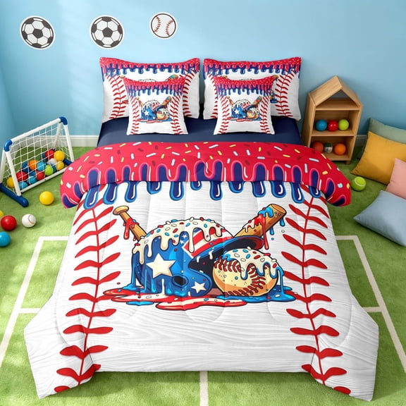 Manfei Cartoon Baseball Twin Bedding, Kawaii Sport Bedding Comforter Set, Red Blue White Multicolor, Navy Reversible 7-Piece
