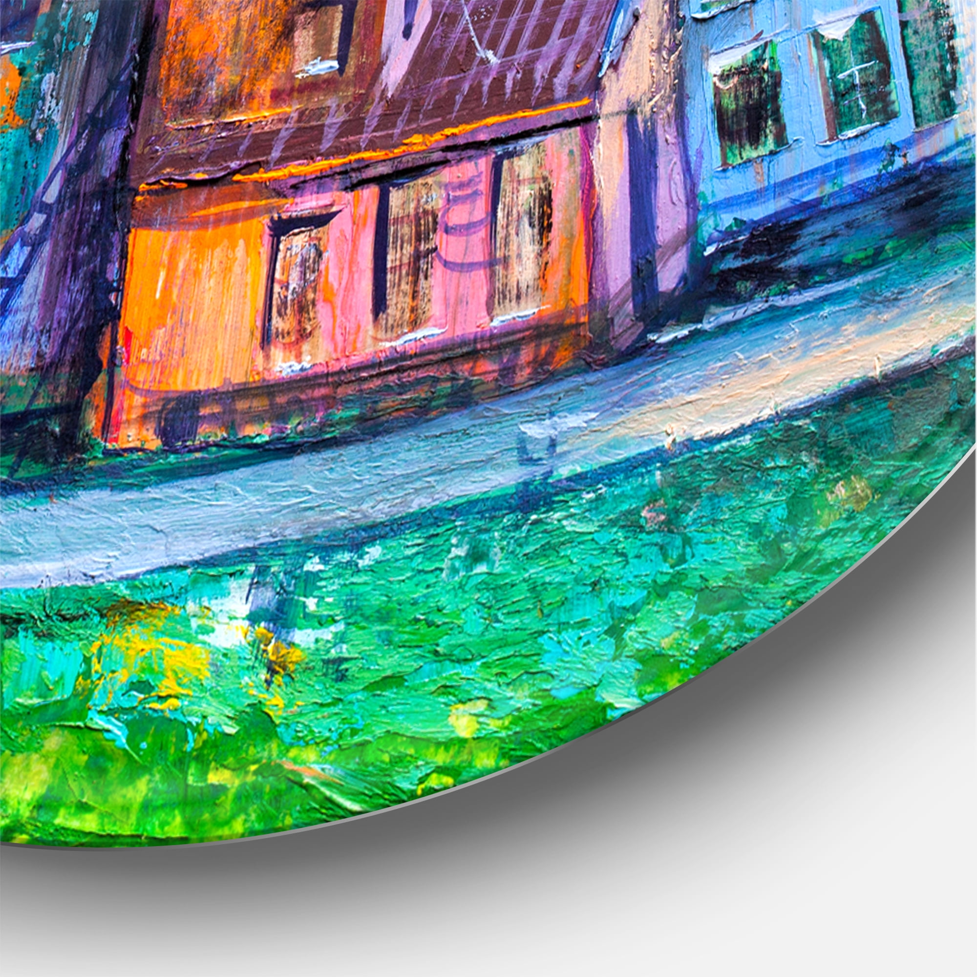 Designart 'Street With Colorful Old Homes Landscape' Modern Circle Metal Wall Art 36x36 - Disc of 36