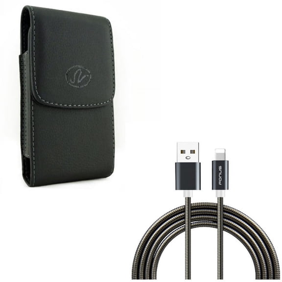 Charger Cord 3ft Metal USB Cable w Holster Leather Case Belt Clip X4Q for iPhone XS Max XR 8 PLUS 7 Plus 6S Plus 11 Pro Max 6 Plus