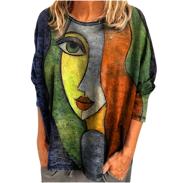 Camiseta holgada de manga larga con cuello redondo y estampado abstracto de cara informal a la moda para mujer Fridja czfsfas357