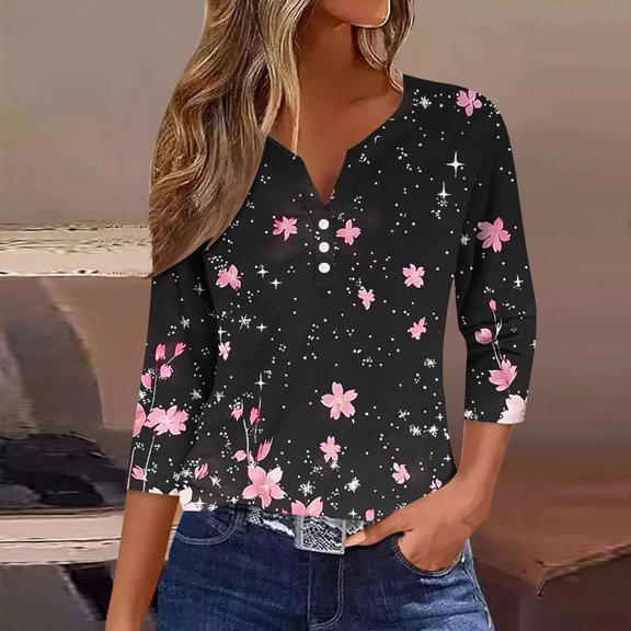 Xdegoge My Last Order From Walmart Women'S 3/4 Sleeve Tops Floral V Neck T Shirts Going Out Trendy Summer Tops 2025 Dressy Casual Blouses Soft Comfy Basic Tees Ofertas Relampago De Hoy