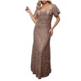 thumbnail image 4 of qolati Sparkly Sequin Prom Dresses for Women Ruffled Short Sleeve Sweethearts Neckline Long Dress Pleated Formal Dress Maxi Homecoming Dress Khaki M Holiday Outfits, 4 of 7