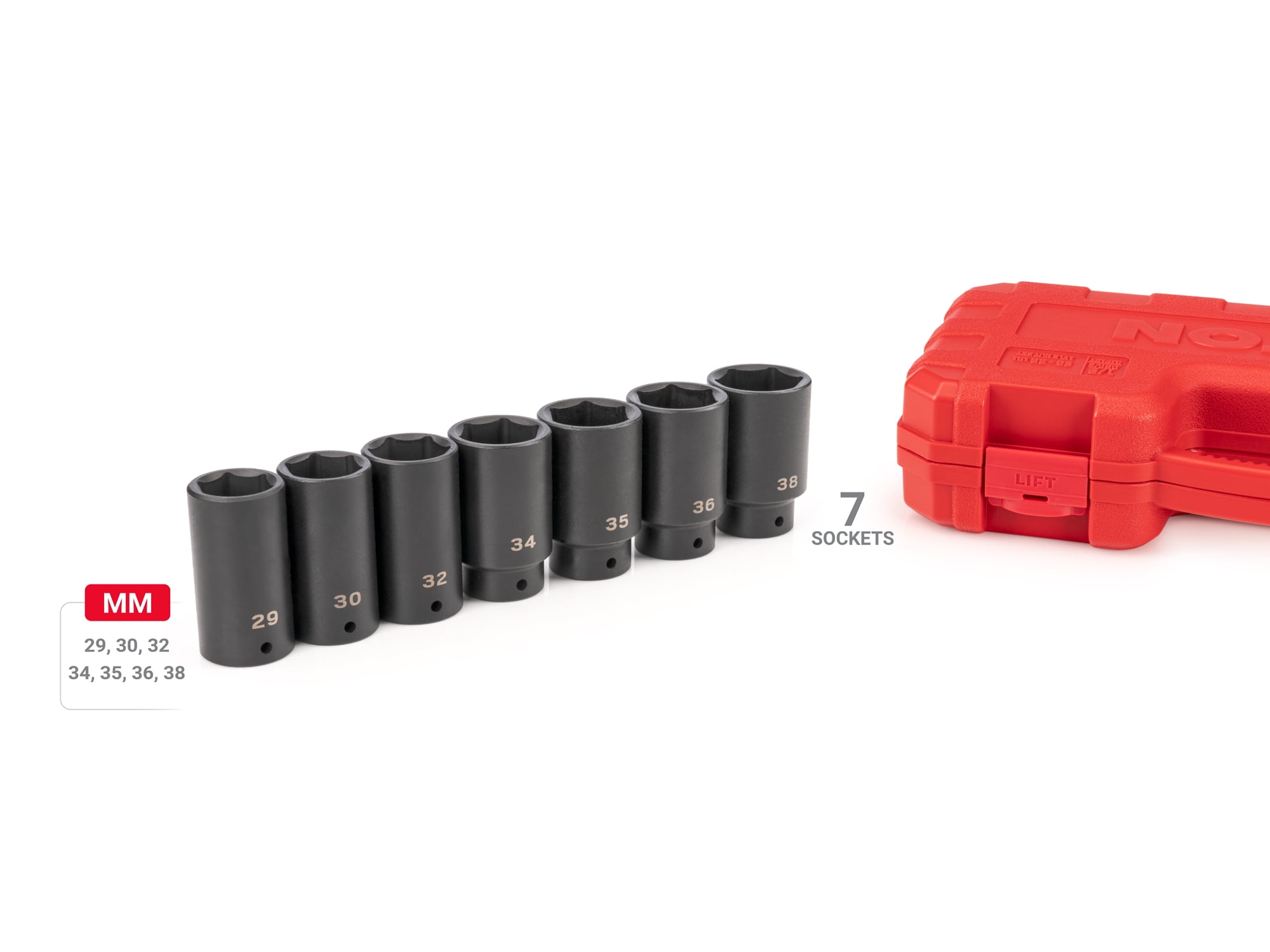 TEKTON 1/2 Inch Drive Deep 6-Point Axle Nut Impact Socket Set with Case, 7-Piece (29 - 38 mm) | SID92340