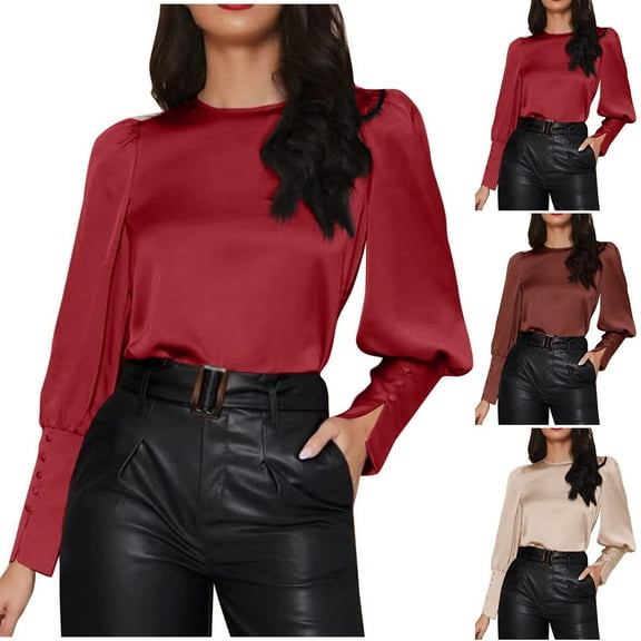 Trendy Tops For Women 2025 Casual Long Sleeve Solid Button Crew-neck Wine Blouse Tees