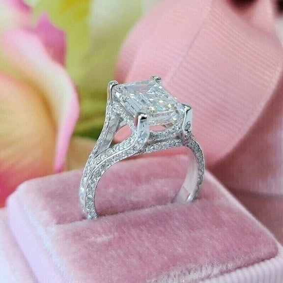 3Ct Emerald Cut Lab Created Diamond Cluster Wedding Valentine Ring 14k White Gold Plated 925 Sterling Silver