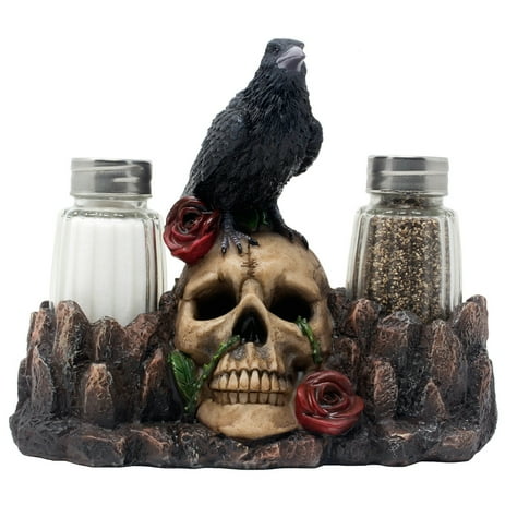 Black Raven Atop Human Skull Salt and Pepper Shaker Set with Decorative Display Stand Figurine for Halloween Decorations or Goth Kitchen Table Decor As Scary Gifts