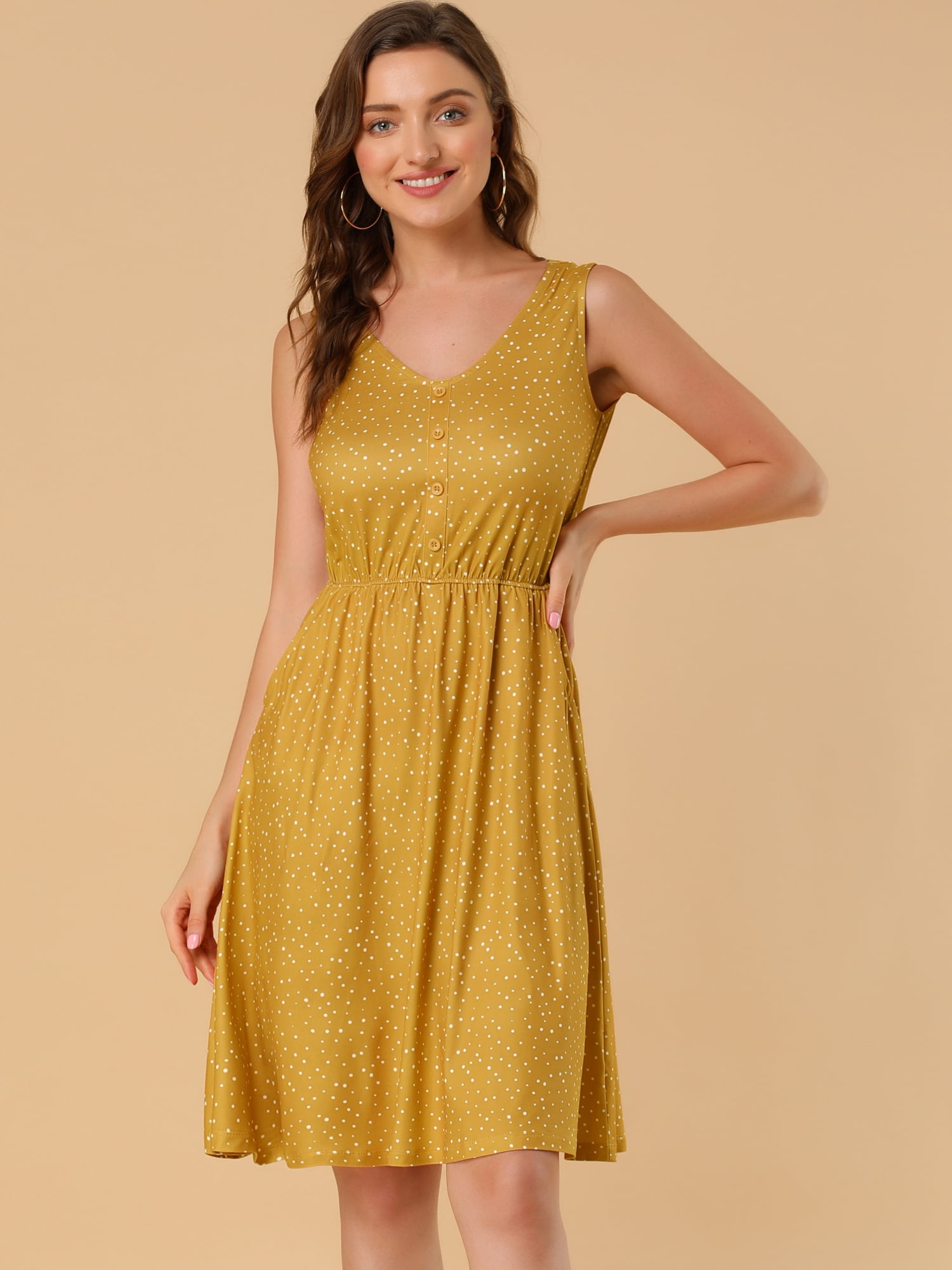 Unique Bargains Women's Midi Polka Dots V-Neck Tie Drawstring Waist Sleeveless Dress S Yellow
