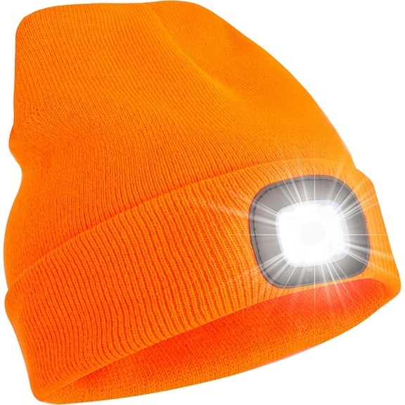 Unisex Beanie Hat with Light, USB Rechargeable LED Headlamp Hat Night Light Cap Christmas Stocking Stuffers Gifts for Men Dad Father Husband (Orange)
