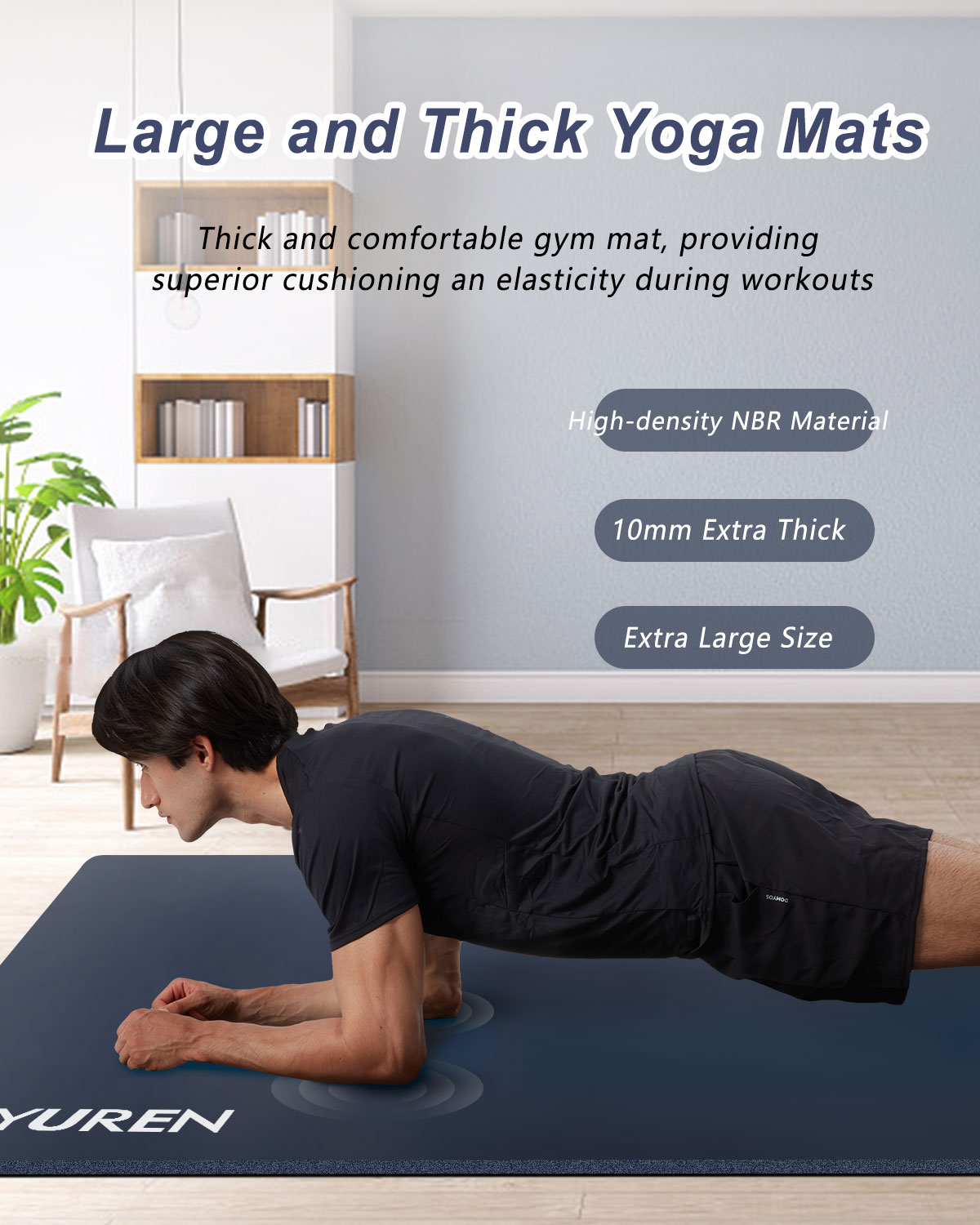 YR Wide Yoga Mat 78"x35" Thick 10mm NBR Exercise Mats Large for Home Gym Floor Fitness Pad, Navy Blue