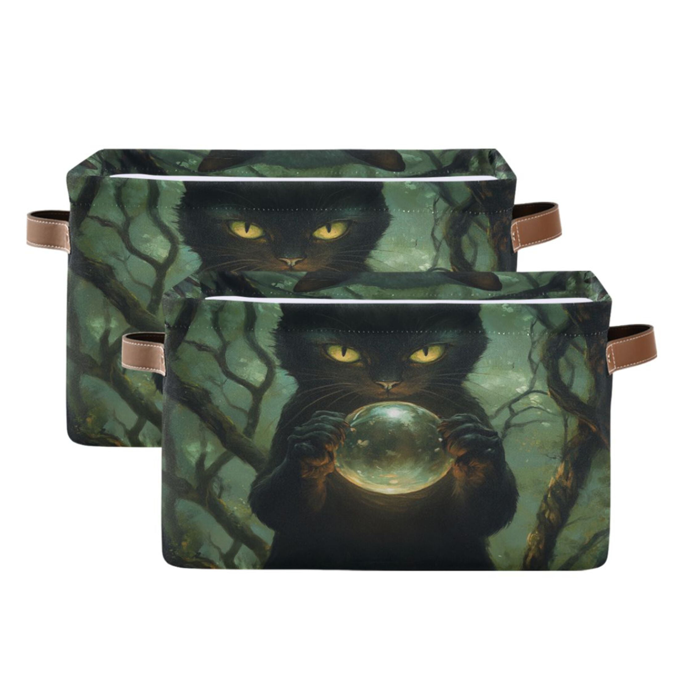 WOBOGO Black Cat Magic Ball Square Storage Basket with Waterproof Canvas and PE Lining Durable PU Leather Handles 14.2×10.2×8.3in