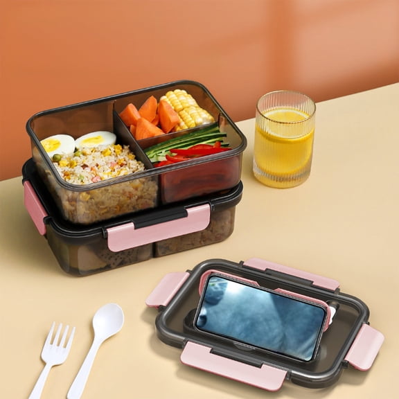 3-Compartment Lunch Box - 1500ml Capacity, Insulated/Sealed & Microwavable (With Utensils), Ideal for Students/Office Workers - Pink