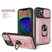 Cowithday Wallet Case for iPhone 15 with Camera Cover & Kickstand,Slide Lens Protection Card Holder Slot 360°Rotate Ring Hybrid Rugged Bumper Shockproof Cover for Apple iPhone 15 6.1", Rosegold