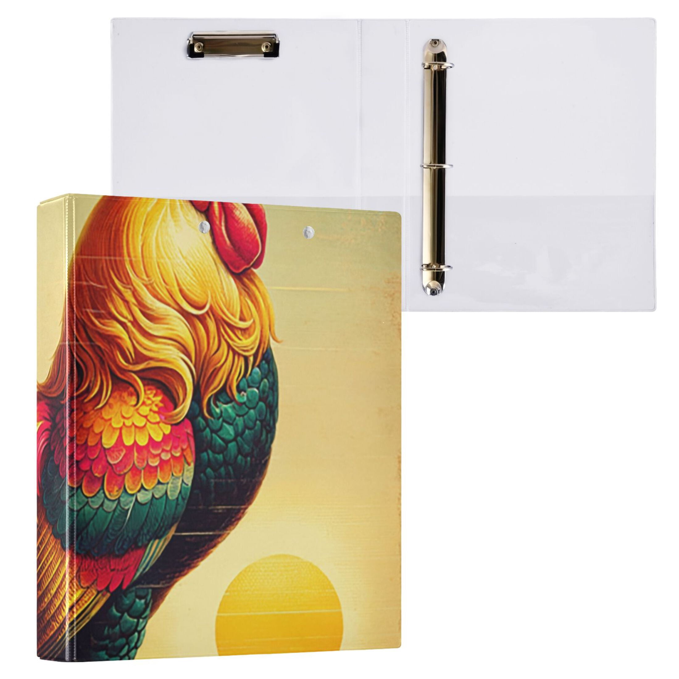 Retro Rooster 3 Ring Binders 1.5 inch Hardcover File Folders with Interior Pockets A4 Size Organizer for School Office Hospital