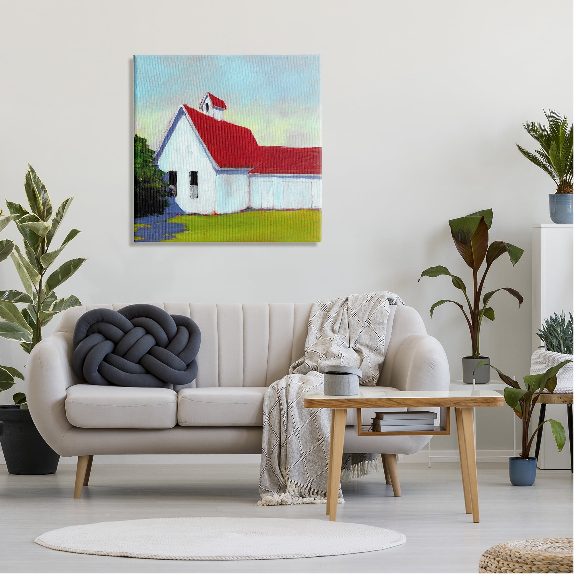 Stupell Industries Red & White Farm Cottage Travel & Places Painting Gallery Wrapped Canvas Art Print Wall Art, 30 x 30