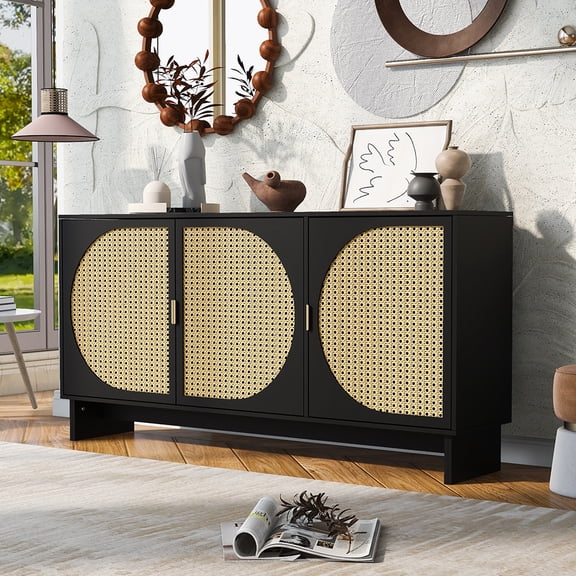 Rattan Storage Cabinet with Doors, Freestanding Accent Cabinet Modern Rattan Buffet Cabinet with Adjustable Shelves Rattan Sideboard for Dining Room, Hallway