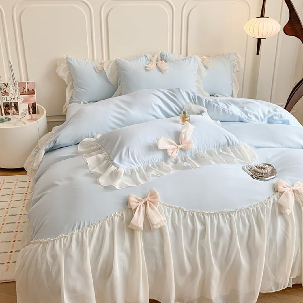 MOOWOO Ruffled Bedding Bow Duvet Cover Set with Butterfly Tie, Soft Brushed Microfiber Shabby Chic Bedding Set with Zipper Closure