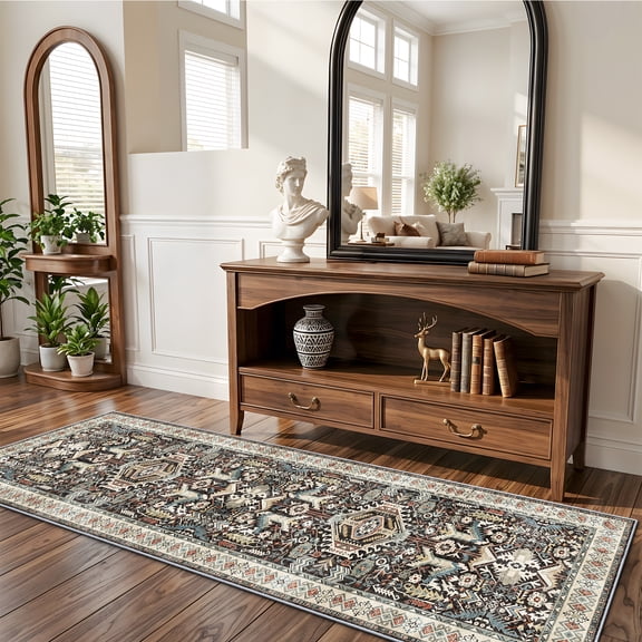 Washable Hallway Runner Rug - 2x6 Distressed Mats Non-Slip Soft Kitchen Dining Room Floor Carpet (Black,2x6)