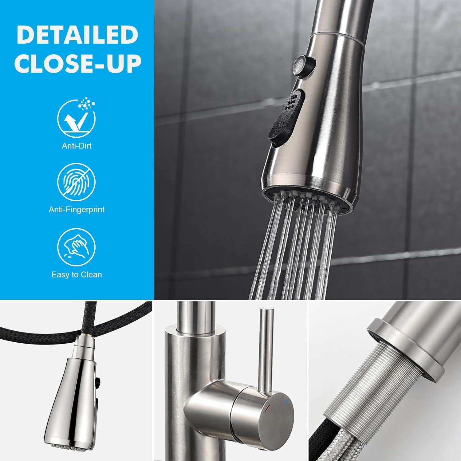 Kitchen Faucets with Pull Down Sprayer (3 Modes), Brushed Nickel Kitchen Faucet Single Hole, Single Handle Kitchen Sink Faucet, High Arc 304 SUS Stainless Steel Faucet for Kitchen, Bar, RV