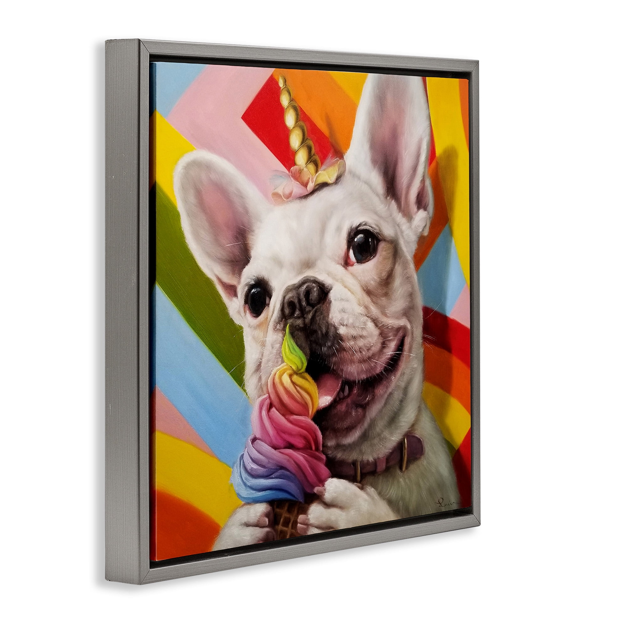 Stupell Industries Rainbow French Bulldog Ice Cream Animals & Insects Painting Gray Floater Framed Canvas Art Print Wall Art, 25 x 25
