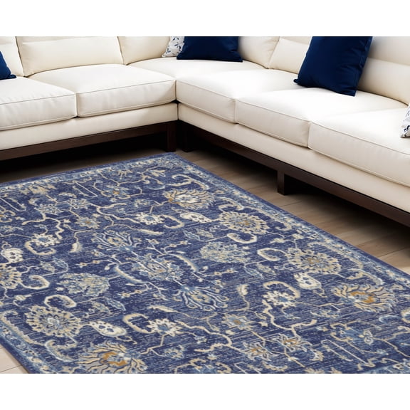 7' X 10' Blue and Beige Floral Power Loom Area Rug