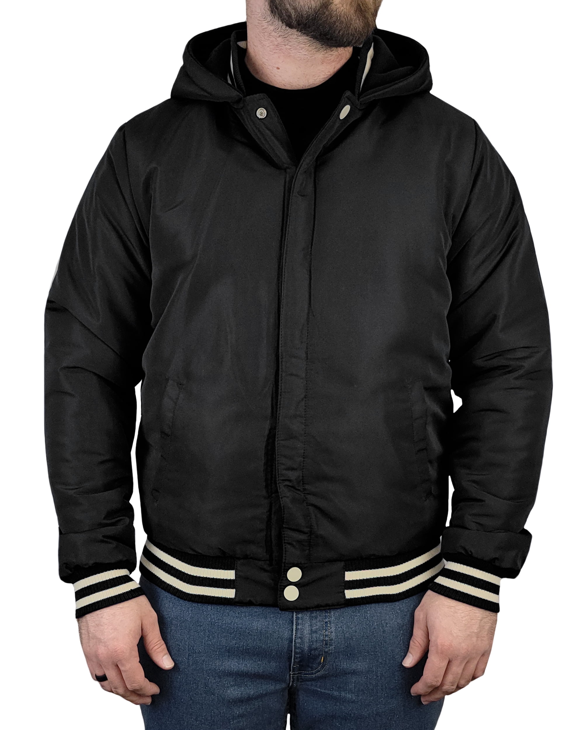Victory Outfitters Men's Varsity Hooded Reversible Fleece Jacket with Faux Leather Sleeve
