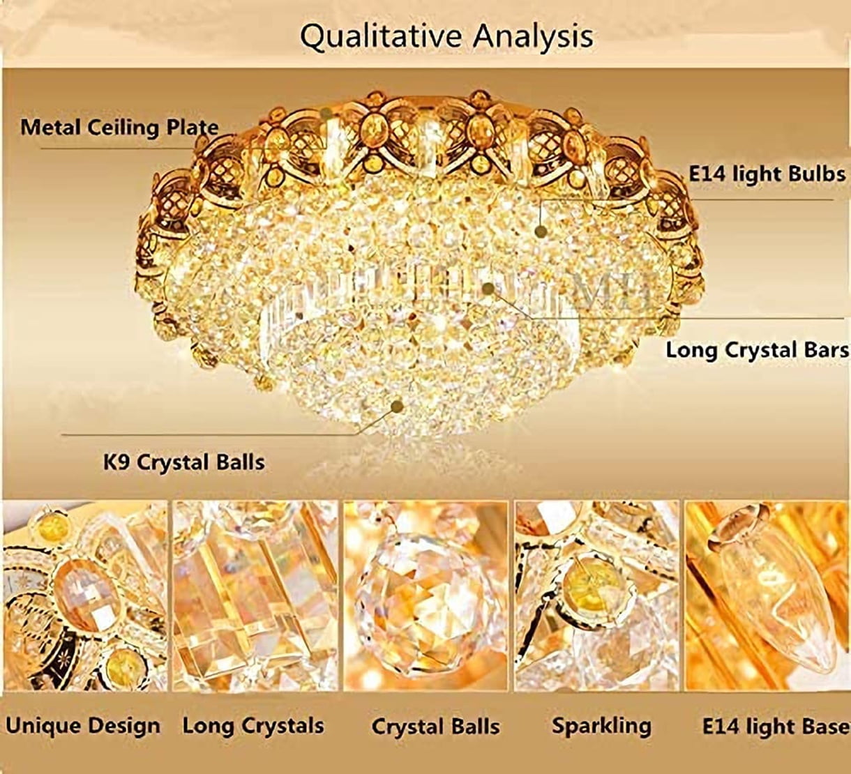 FINE MAKER 23.6 inch modern living room crystal chandelier, 8-layer crystal luxury recessed chandelier