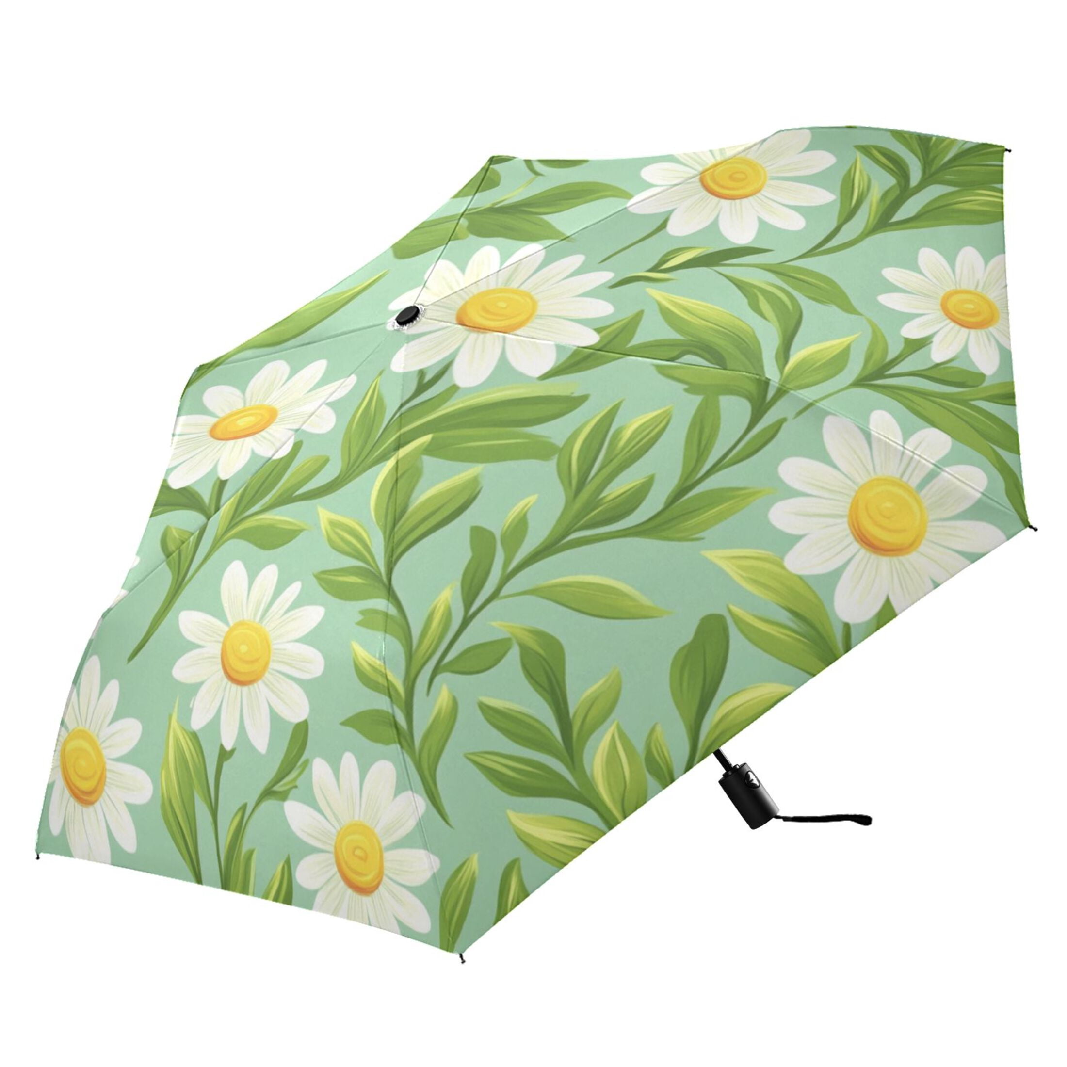 Daisy and Leaf Pattern Folding Umbrella UV50+ Waterproof Sun Protection Auto Open Close Compact Fiberglass Frame