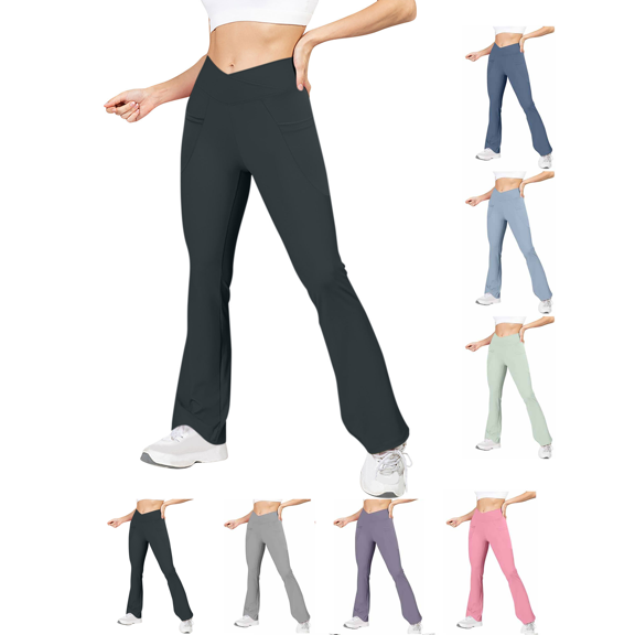 Yoga Pants Women Solid Color Flare Leggings with Pockets Crossover High Waisted Soft 4 Way Stretch Casual Yoga Pant
