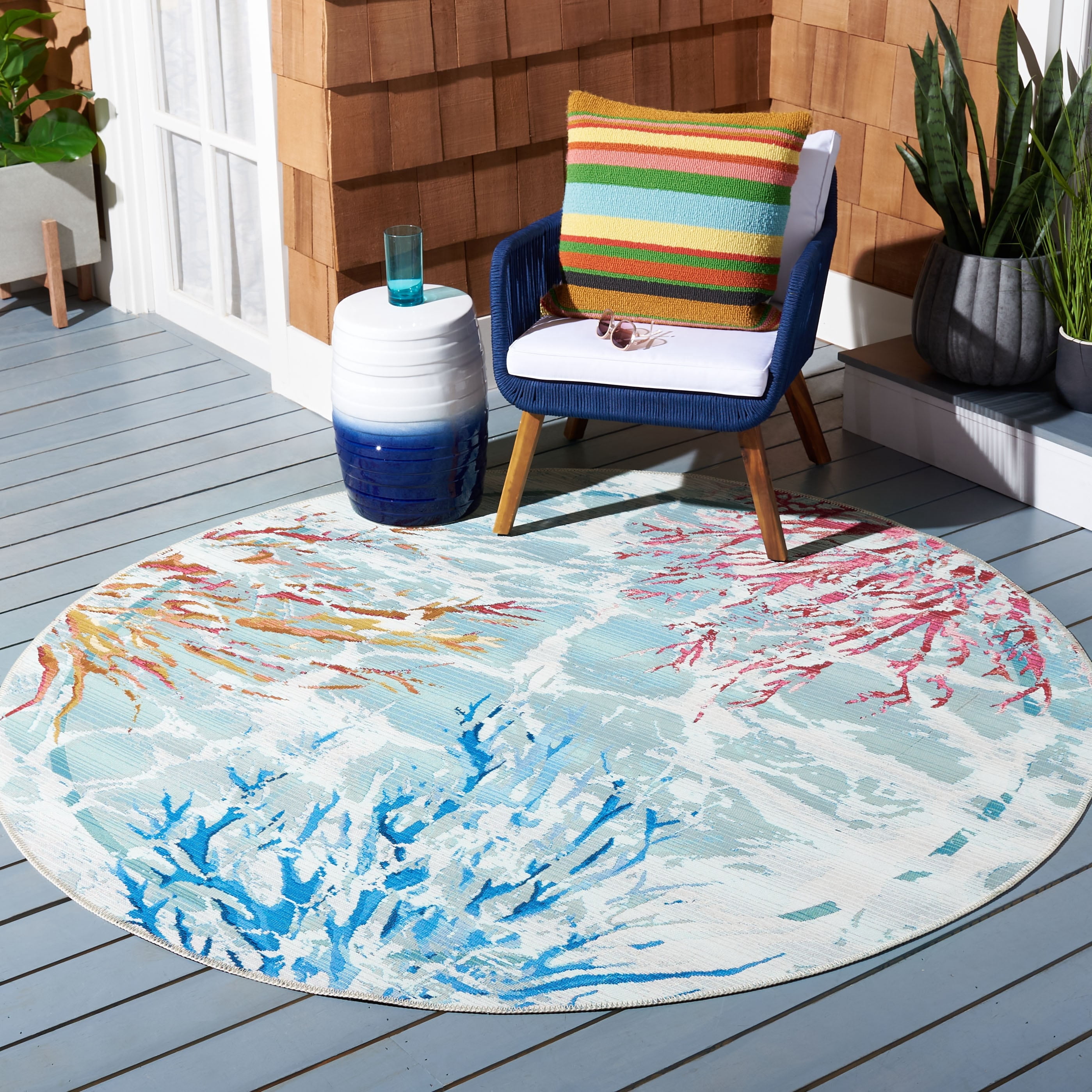 SAFAVIEH Barbados Coral Outdoor Area Rug, Teal/White, 6'6" x 6'6" Square