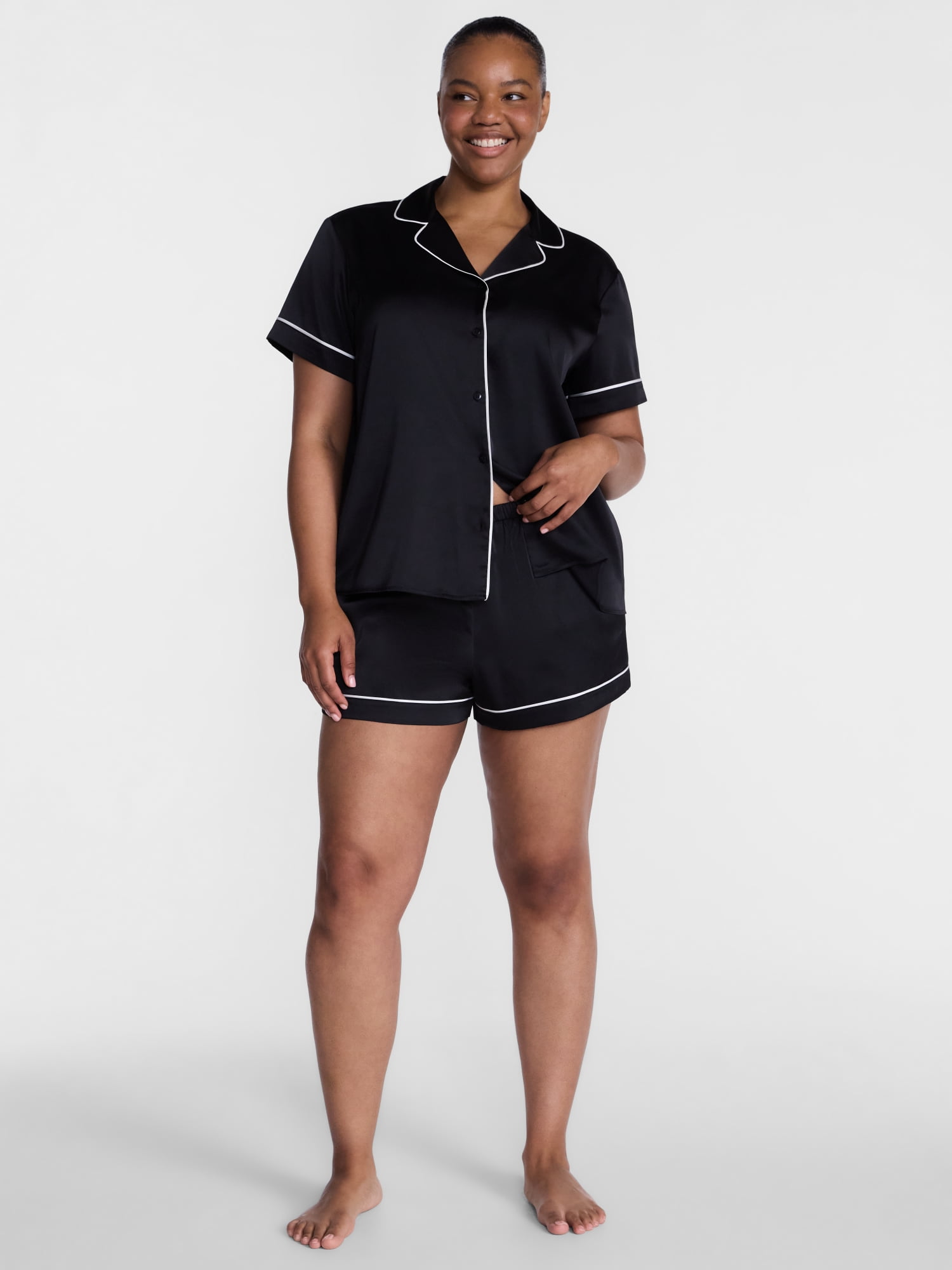 Joyspun Women’s Stretch Satin Sleep Top and Shorts, 2-Piece Set, Sizes XS to 3X