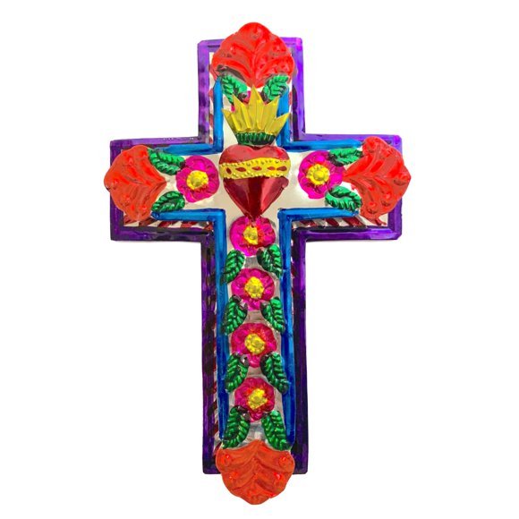Casa Fiesta Designs Croix en Étain Embossée - Décoration Murale d'Art Populaire Mexicain - Faite à la Main au Mexique - Charme Milagros - Ornement Cœur Sacré - Art Mexicain - 8,5 Pouces x 5,5 Pouces Croix de Métal 20 cm (m)