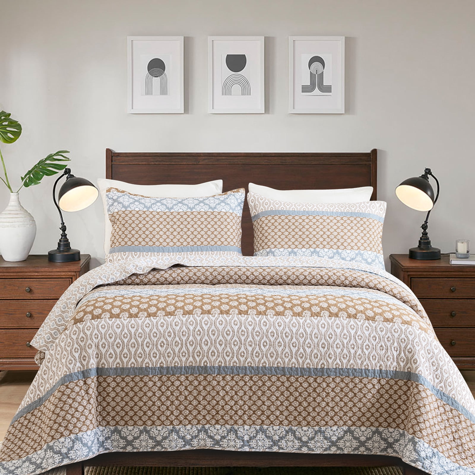 PANGUSHAN 100% Cotton Brown Quilt King Size, King Quilt Bedding Set Quilted Bedspreads, Lightweight Reversible Floral Comforter for King Bed, All Season, Brown/Gray, 3 Pieces