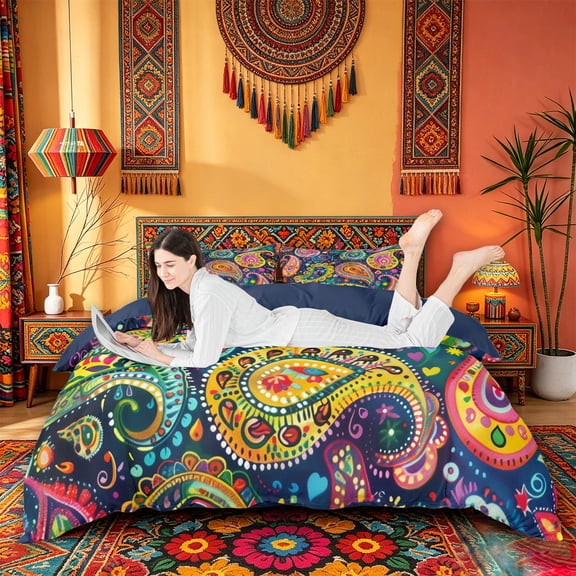jejeloiu Colorful Paisley Duvet Cover Queen For Men Women,Bohemian Pattern Queen Bedding,Dark Multi,Navy Blue Reversible,3 Pieces,1 Duvet Cover and 2 Pillowcases