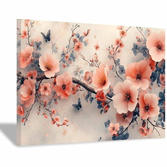 Mudket Peach Blossom Branch with Blue Butterflies Watercolor Canvas Wall Art, Floral Wall Decor, Framed Ready to Hang Artwork for Living Room Bedroom - 12"L x 8"W