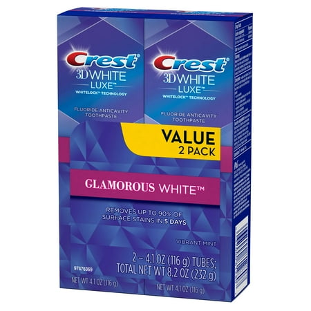Crest 3D White Luxe Glamorous White Vibrant Mint Flavor Whitening Toothpaste, 4.1 oz TWIN