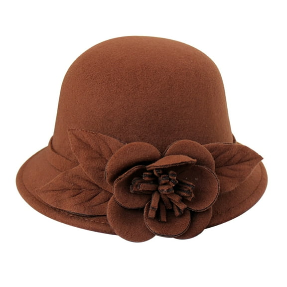 MANHUJI Bucket Hat Womens 1920S Bucket Cloche Hat Winter Wool Crushable Bowler Hat Vintage Cloche Round Hat with Flower Small Bowler Hat (D,One Size)