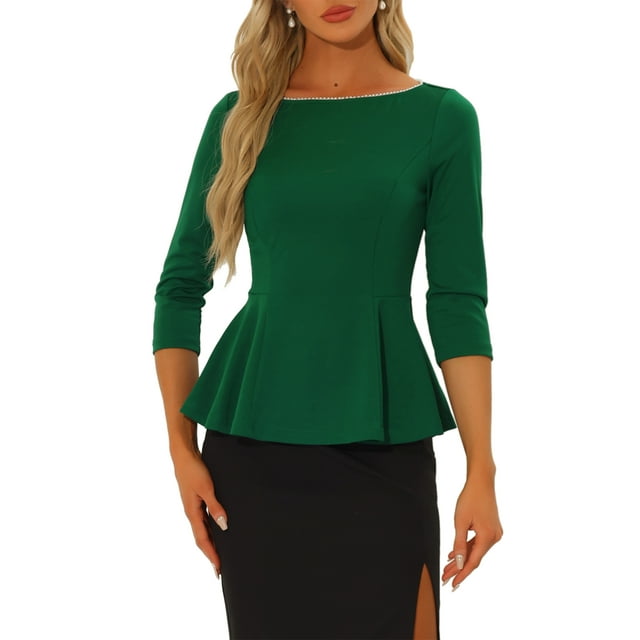 TOP Peplum CHIC INSPIRAR para Mujer con Cuello Redondo, Decoración de Perlas, Manga 3/4, Blusa Elegante, Verde Oscuro, Talla XS