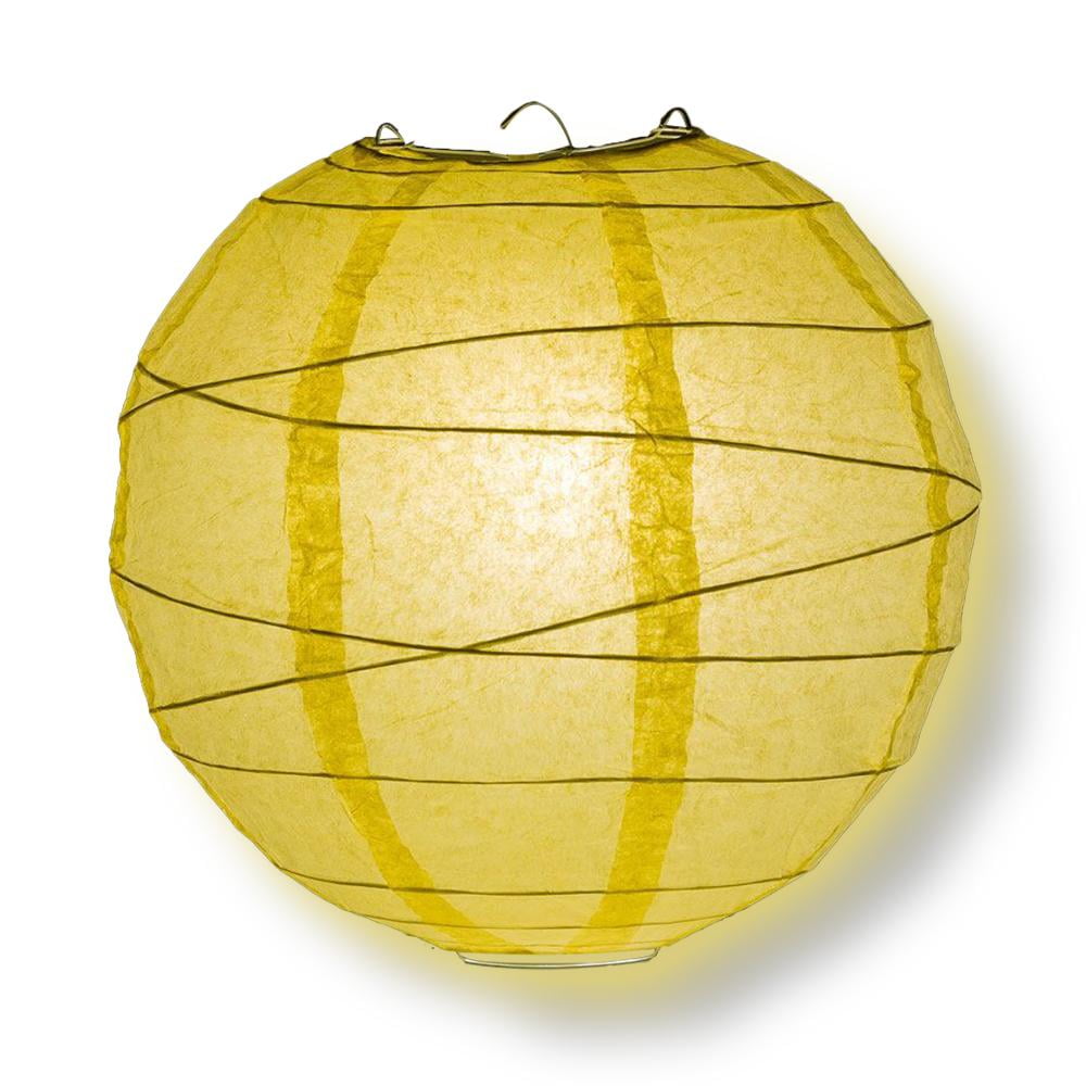 16" Yellow Round Paper Lantern Crisscross Ribbing Hanging Decoration 