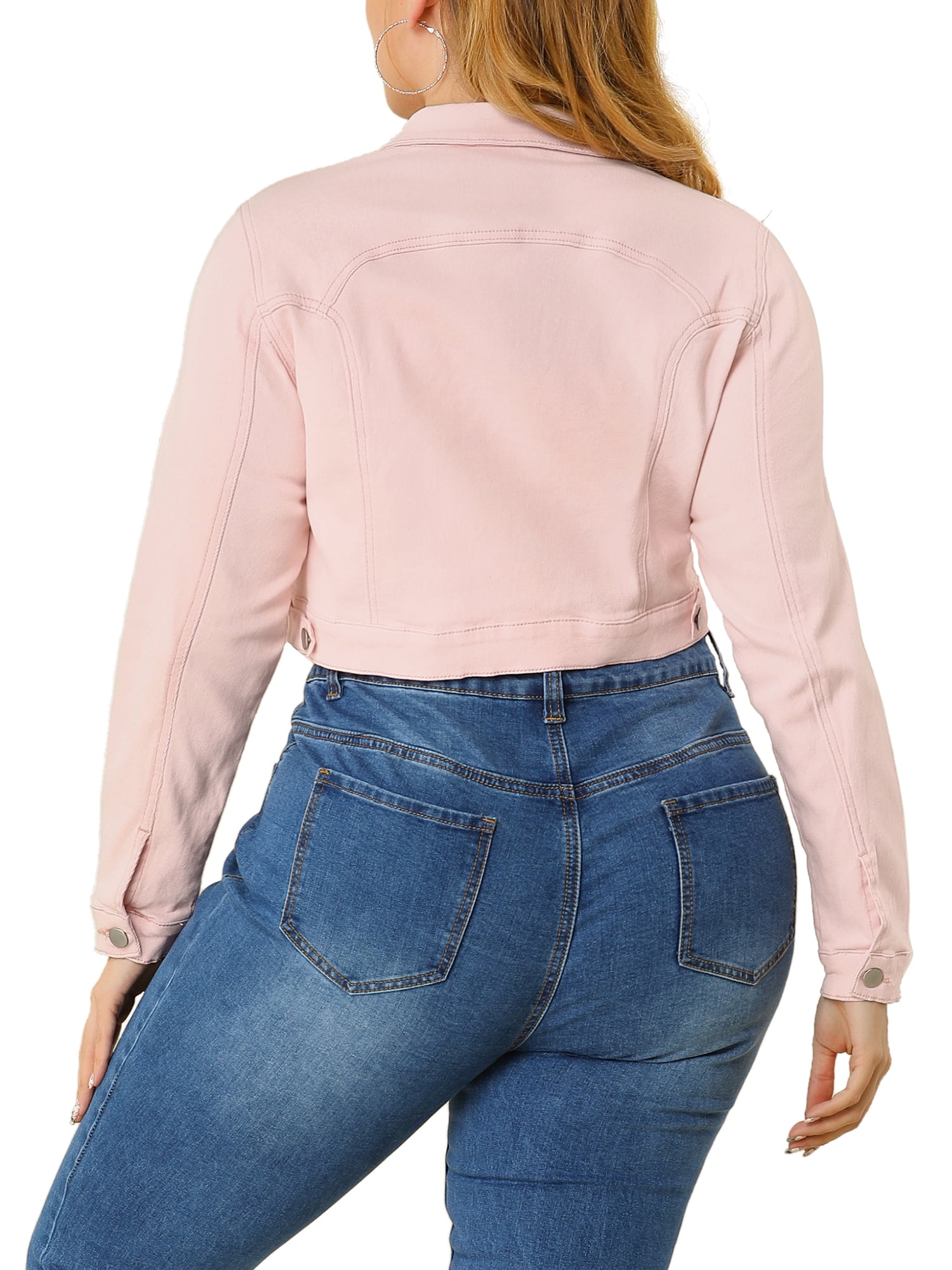 Unique Bargains Women's Plus Size Long Sleeve Jean Jacket Button Cropped Denim Jacket