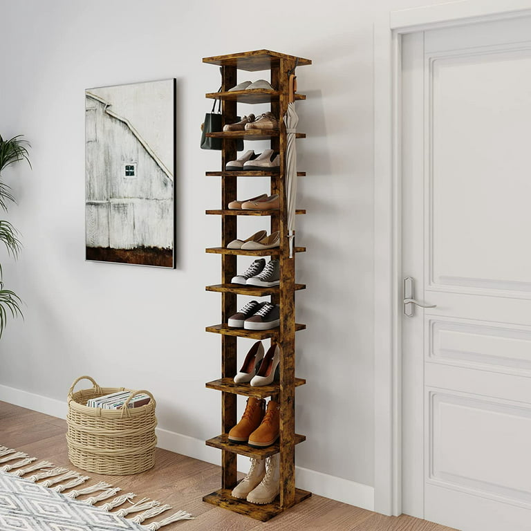 10Tier Vertical Shoe Rack Corner Shoe Tower,Slim W/2 Hanging Hooks,Wooden