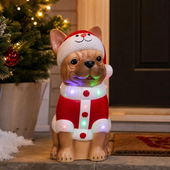 Christmas French Bulldog Statue, LED Glowing Santa Dog Figurine With Hat Coat For Porch Yard Indoor Outdoor Decor Christmas Dog Series