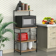 Pueikai Kitchen Bakers Rack Storage Shelf Microwave Stand with Side Hooks 4 Tier Shelves Brown