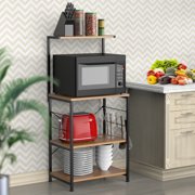 Pueikai Kitchen Bakers Rack Storage Shelf Microwave Stand with Side Hooks 4 Tier Shelves Brown