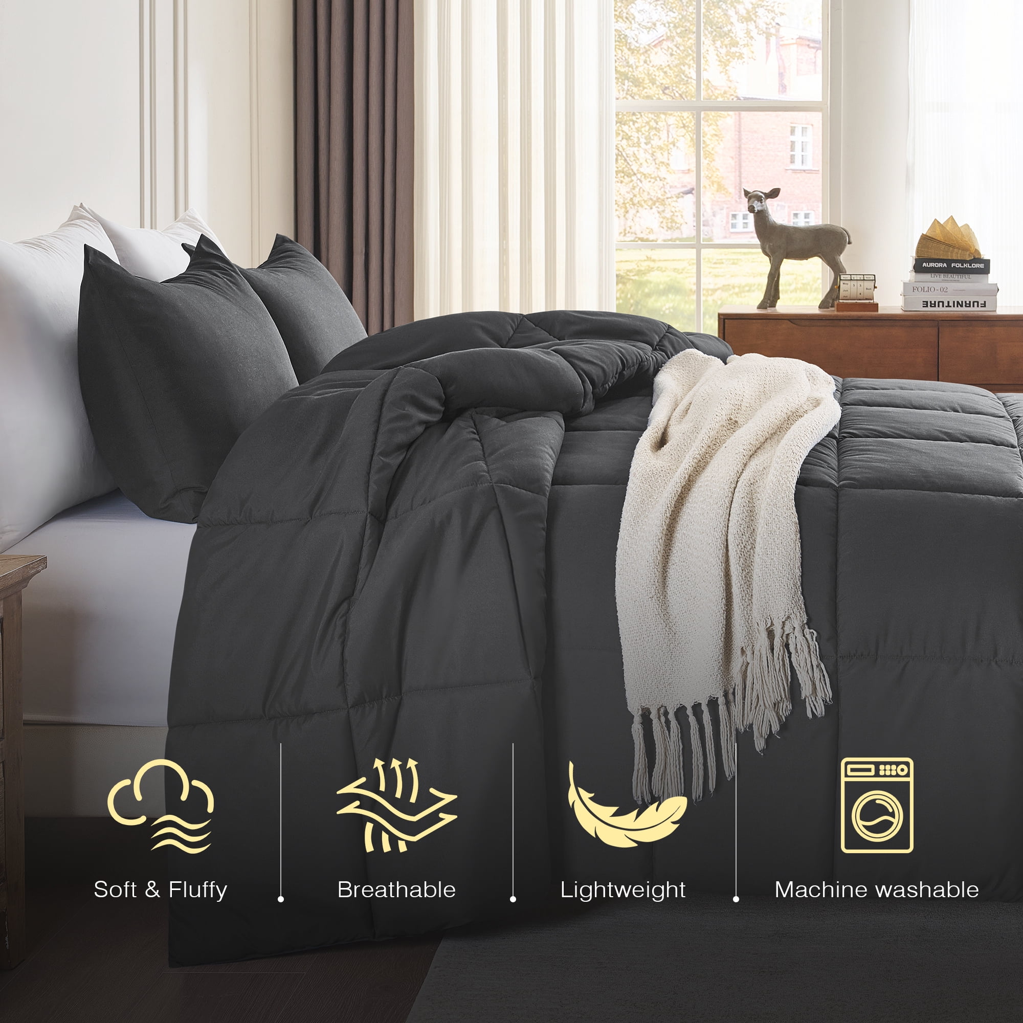 Mosluna Queen Size Comforter Sets, 3 Piece Soft Quilted Bedding Sets, All-Season Down Alternative Comforter with 2 Pillow Shams, Dark Gray