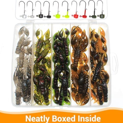 Soft Plastic Crawfish Lures Kit with Jig Heads, 25pcs/60pcs Creature Baits Fishing Lure Set for Bass Trout Pike Freshwater Fishing